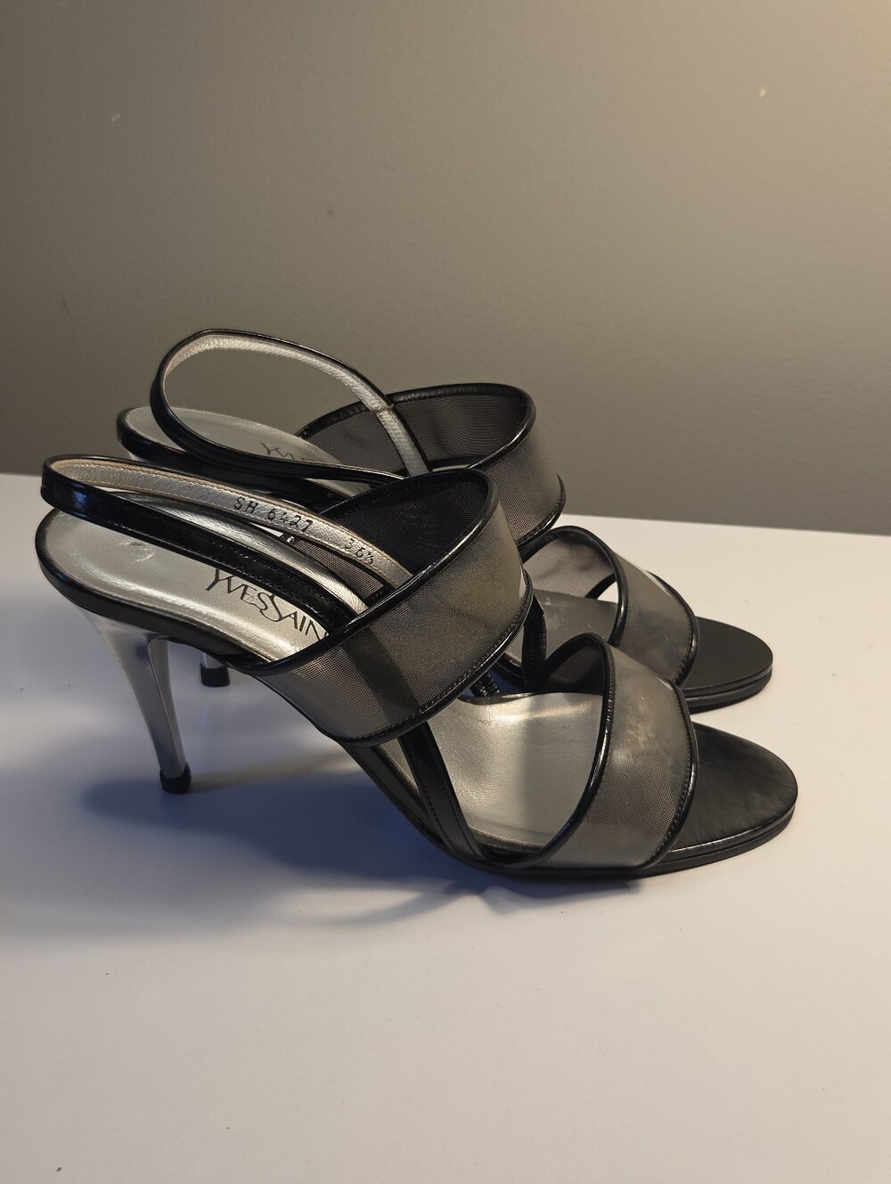 Yves Saint Laurent sandals feature a sheer Silver mesh upper 36 1/2